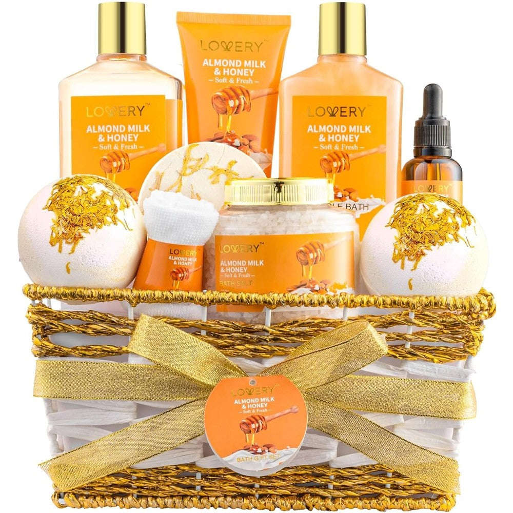 Lovery 10 piece almond milk and honey spa gift basket front view