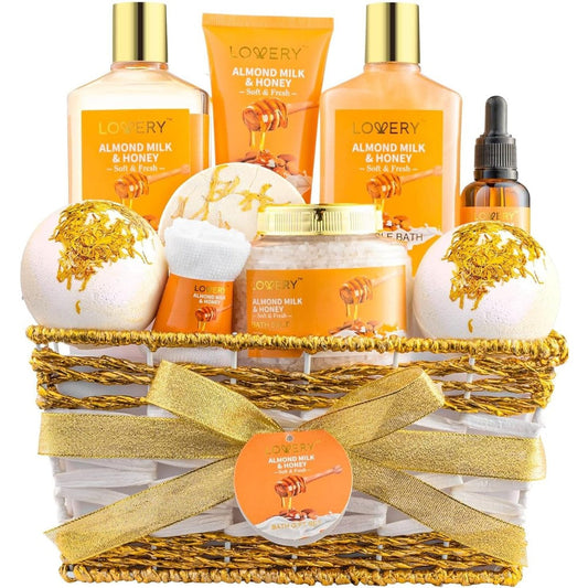 Lovery 10 piece almond milk and honey spa gift basket front view