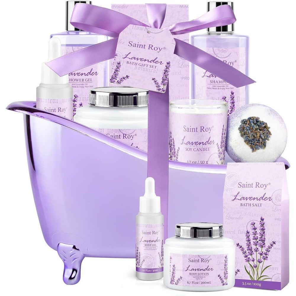 Saint Roy Lavender Spa Bath Gift Basket front view showing full ten piece self care kit inside a purple miniature bathtub