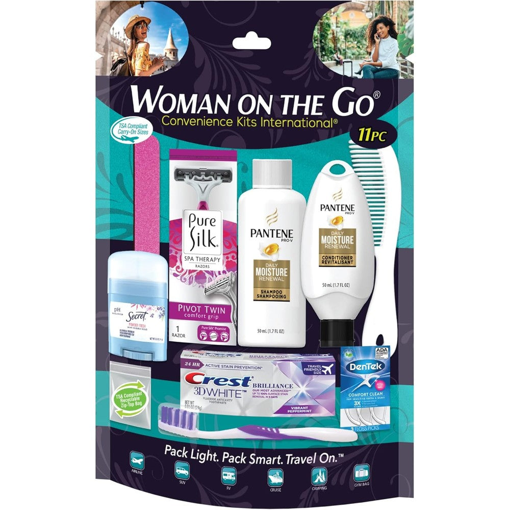Convenience Kits International Women's Deluxe Eleven Piece Travel Kit front view showcasing branded toiletries inside clear pouch.