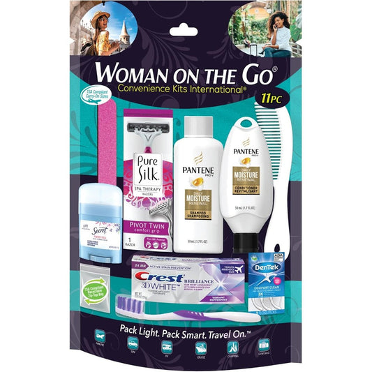 Convenience Kits International Women's Deluxe Eleven Piece Travel Kit front view showcasing branded toiletries inside clear pouch.