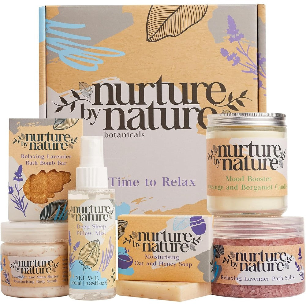 Nurture by Nature Botanicals relax and calm spa gift set front view showing six luxury self care products