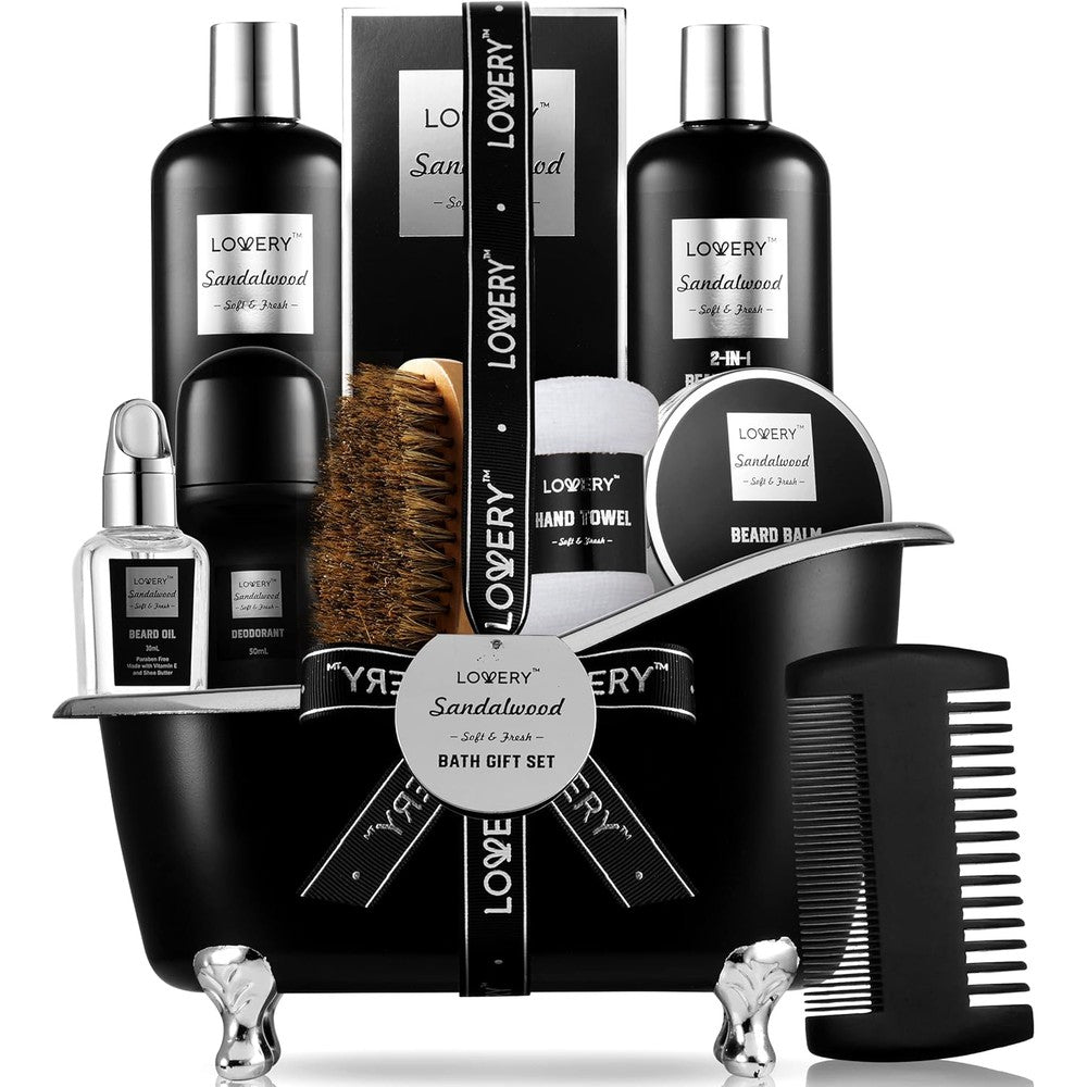 Lovery Men Sandalwood Bath and Beard Grooming Gift Set front view showing eleven luxury spa products inside a black tub.