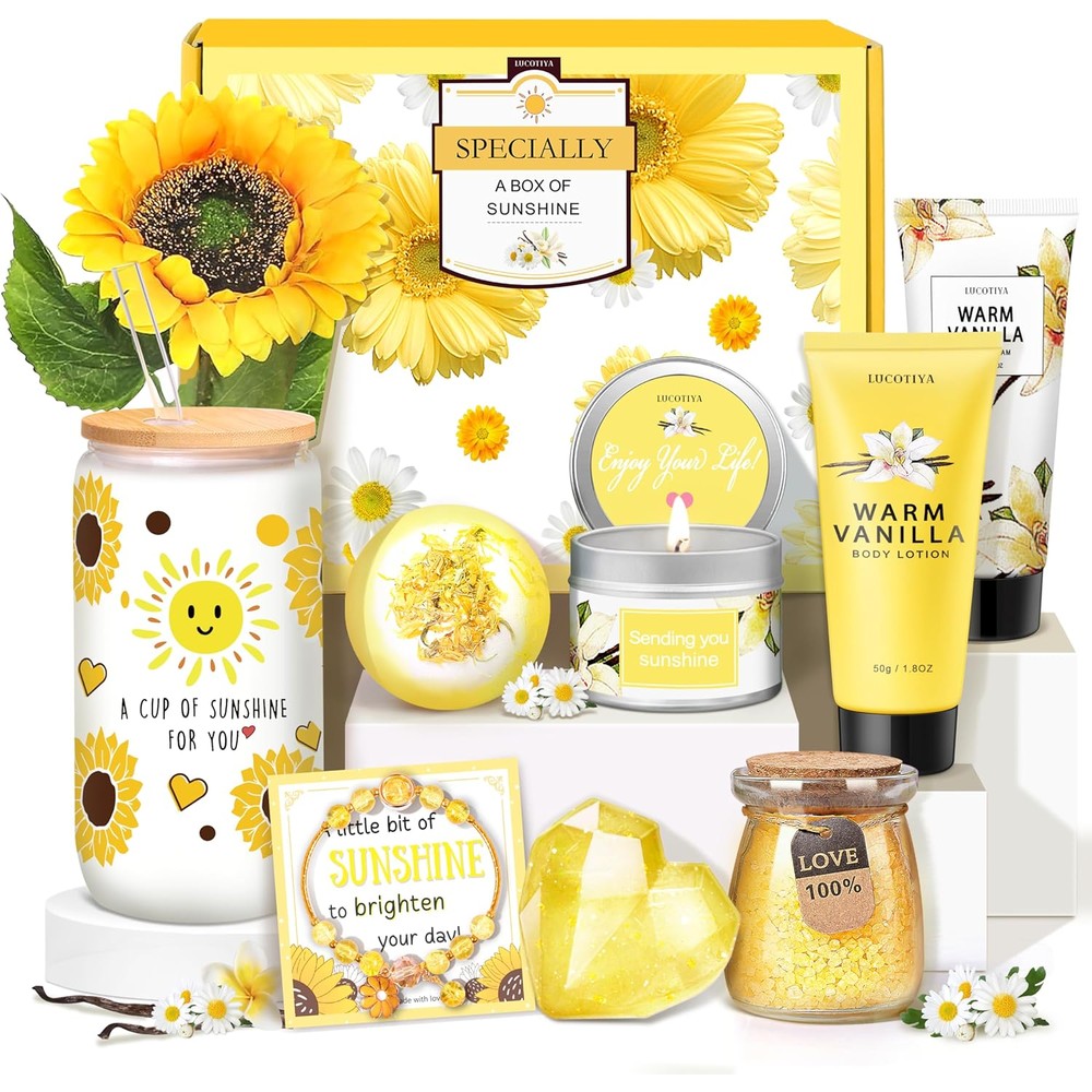 LUCOTIYA warm vanilla self care bath and body gift set front view showing ten premium pampering items inside the box