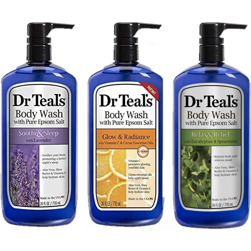 Dr Teal's Body Wash Variety Gift Set front view of three large bottles containing lavender citrus and eucalyptus essential oils.