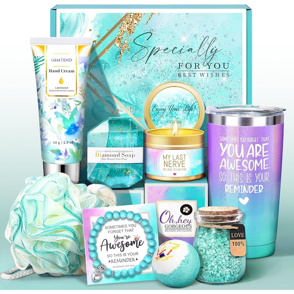 GEMTEND birthday spa gift basket for women front view showcasing curated lavender skincare products