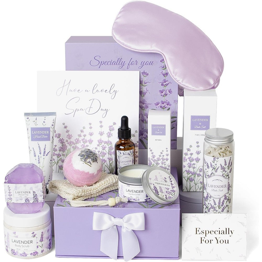 Frerdui lavender spa gifts set 11 piece front view of purple box containing bath salts and candles