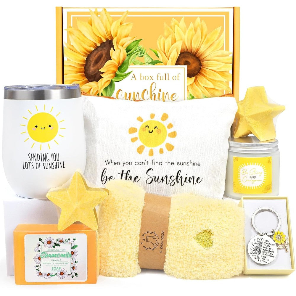 Suhctuptx Sending Sunshine Get Well Soon Gift Basket front view showing full nine piece care package contents.
