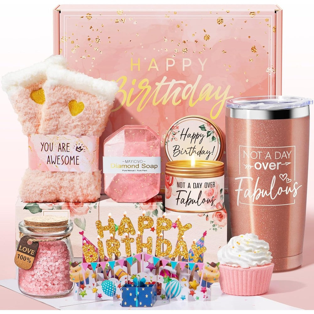 MAYICIVO Happy Birthday Rose Spa Gift Basket Set front view featuring insulated tumbler and scented candle
