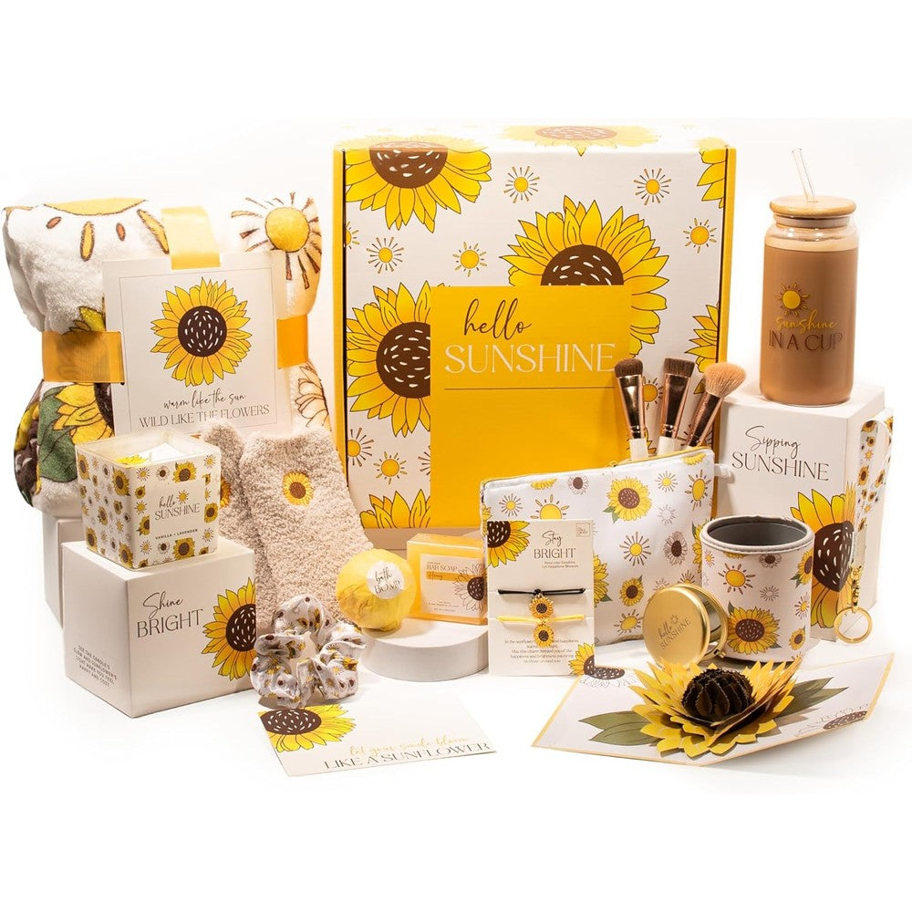 The Love Crate Company Sunflower Gift Box Baskets for Women front view showcasing the custom hello sunshine artwork packaging