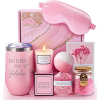 Maddify pink spa gift basket front view with all items displayed