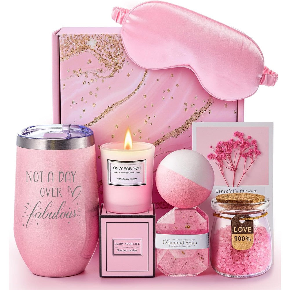 Maddify Fabulous Pink Spa Gift Basket Set front view showing the complete seven piece premium relaxation collection.