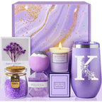 Maddify initial lavender spa gift basket front view showcasing the monogram tumbler and box