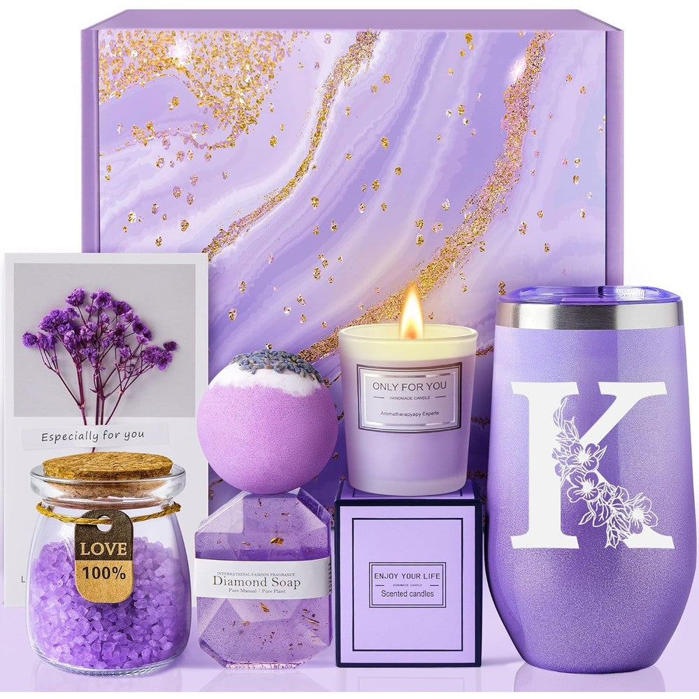 Maddify Initial Lavender Spa Gift Basket Set front view featuring personalized initial K twenty ounce insulated tumbler and packaged bath essentials