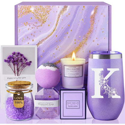 Maddify Initial Lavender Spa Gift Basket Set front view featuring personalized initial K twenty ounce insulated tumbler and packaged bath essentials