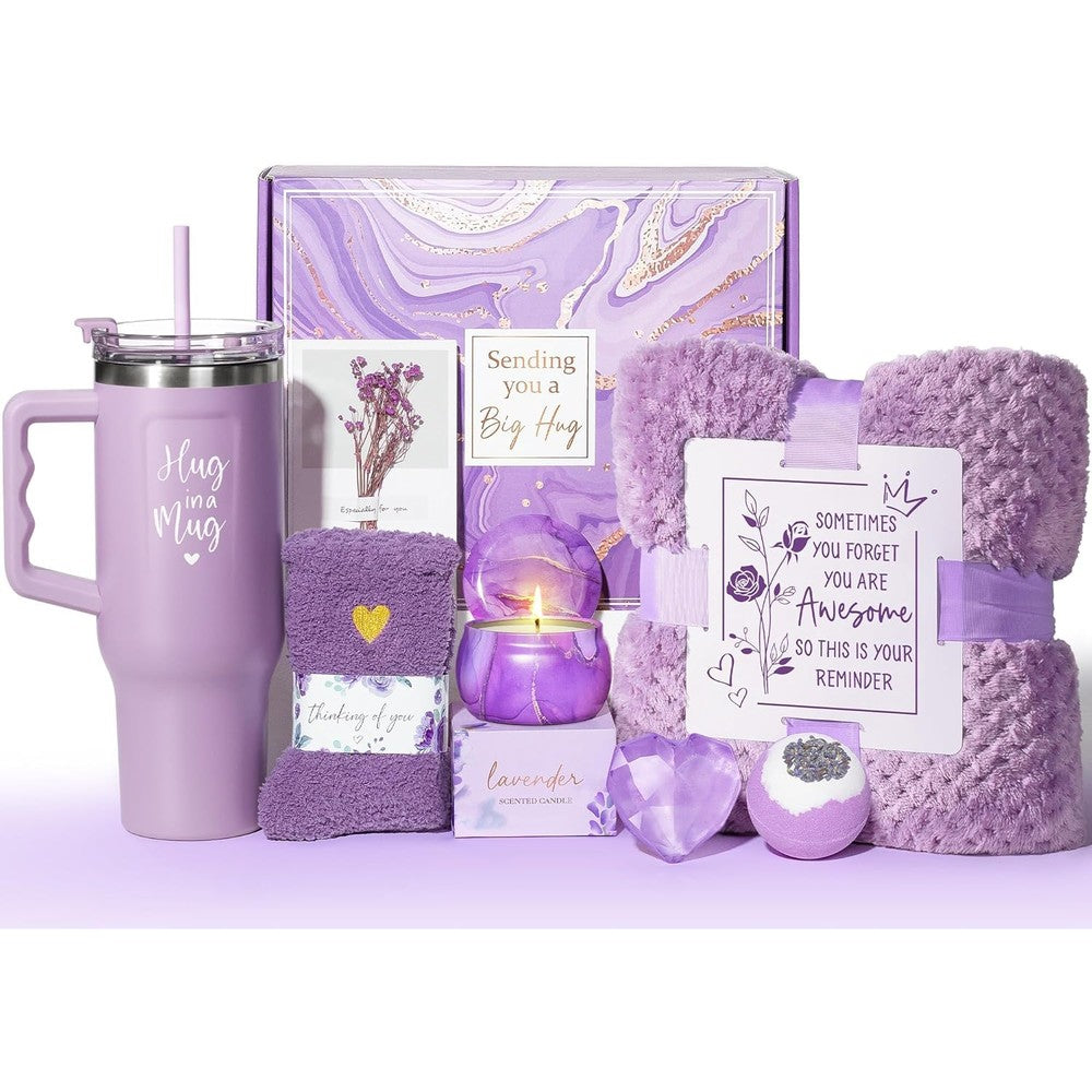 Qinline lavender relaxing spa gift basket with 40 ounce tumbler and blanket