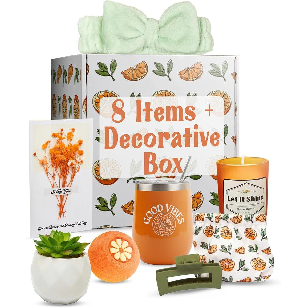 Sunny And Wise Orange Themed Gift Basket front view with tumbler