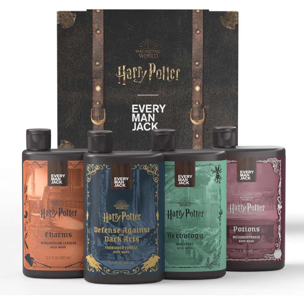 Every Man Jack Harry Potter Collectors Mens Body Wash Gift Set front view showcasing the limited edition Hogwarts themed packaging