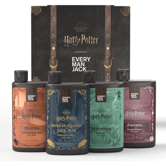 Every Man Jack Harry Potter Collectors Mens Body Wash Gift Set front view showcasing the limited edition Hogwarts themed packaging