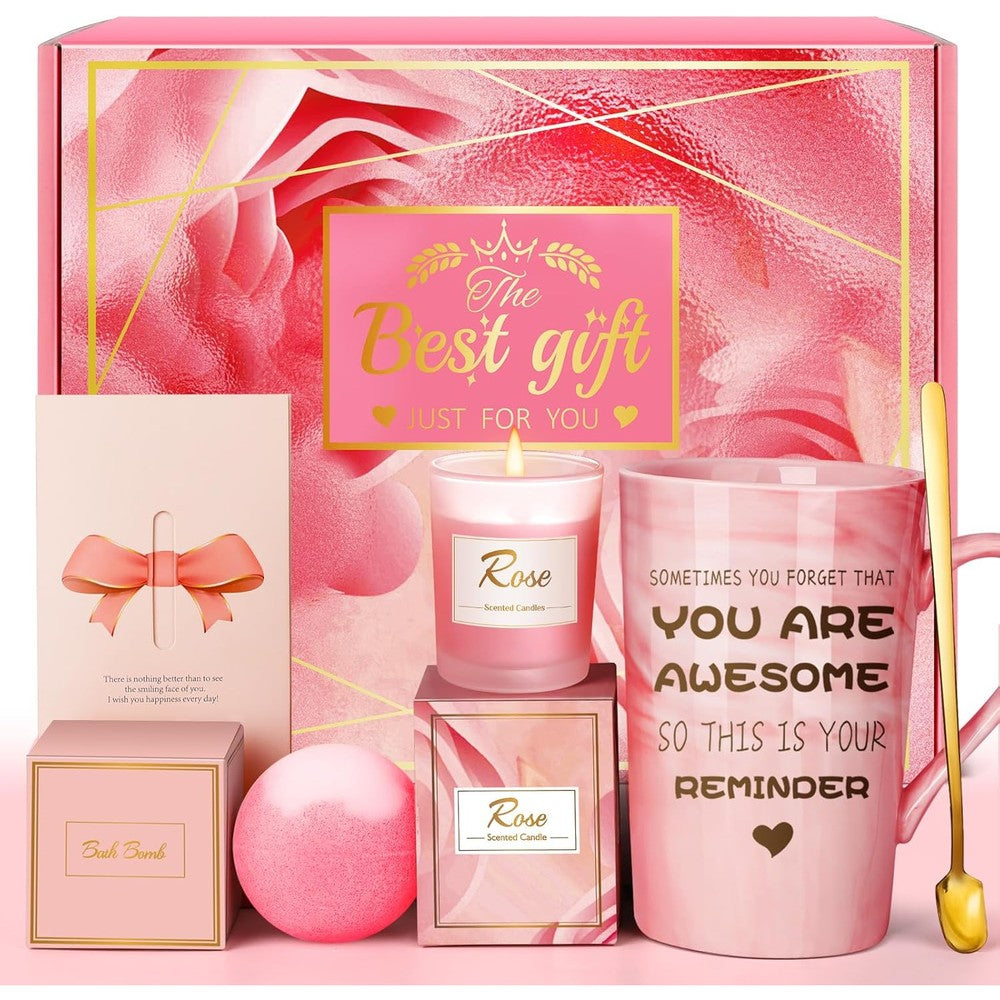 Yorktend pink self care spa gift set with wine tumbler and candle