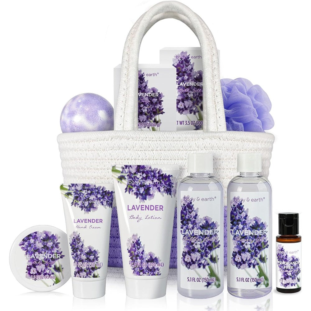 Body and Earth Lavender Spa Gift Basket front view with all 11 items.