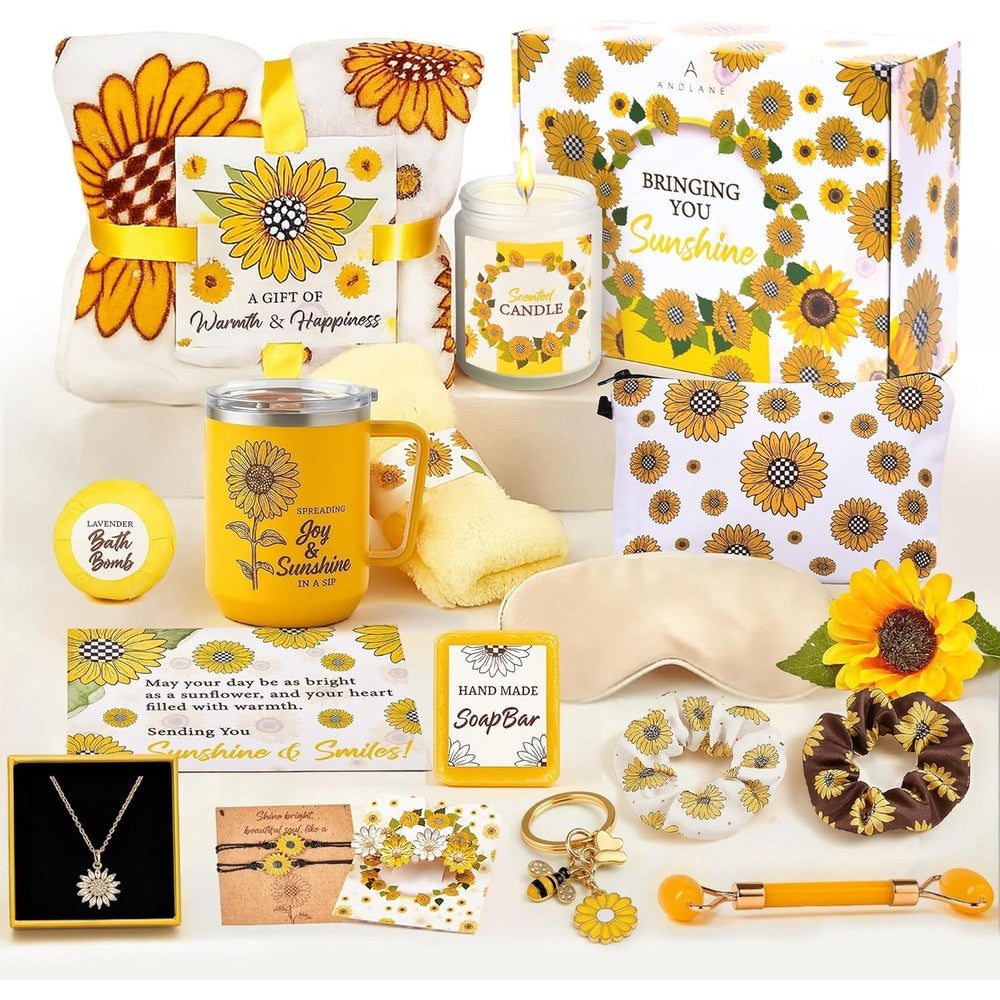 Andlane sunflower gift basket set front view featuring all 18 pieces