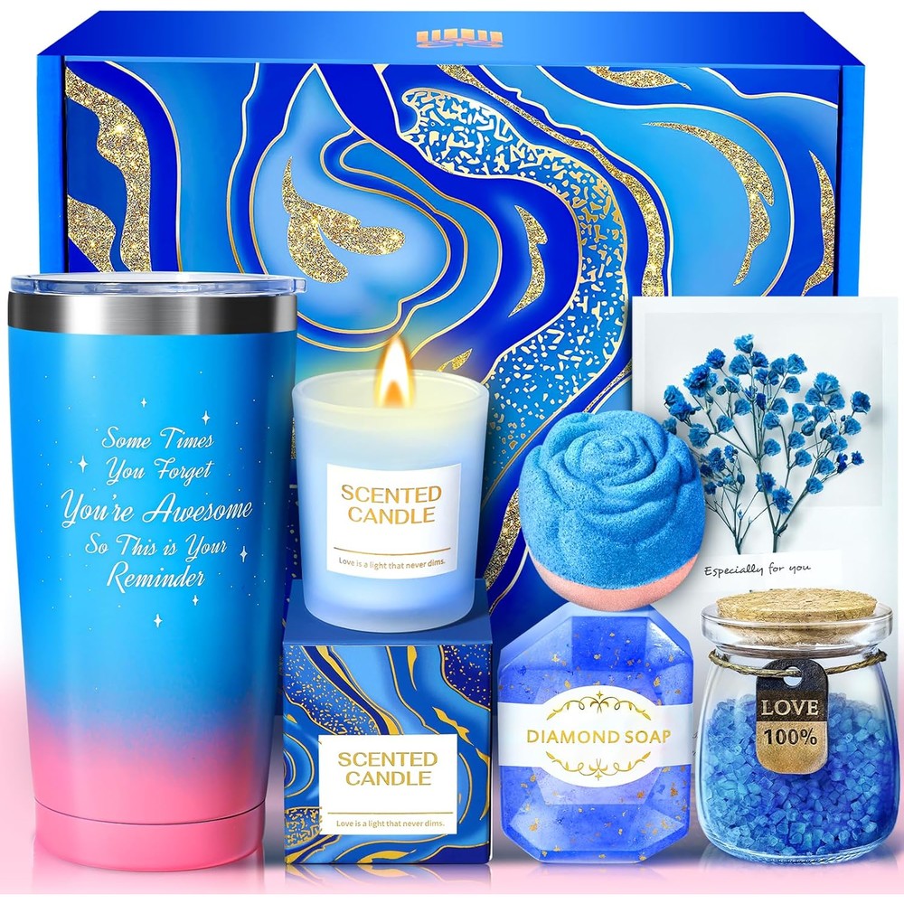 Larierour TRSILLE luxury spa gift basket front view showing full blue and gold product collection