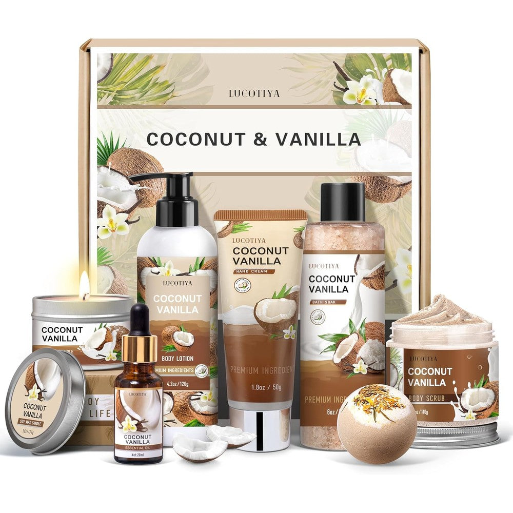 Lucotiya Vanilla Coconut Bath and Body Gift Set front product view