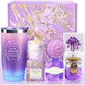 Maddify purple self care spa gift set front view with insulated tumbler and box