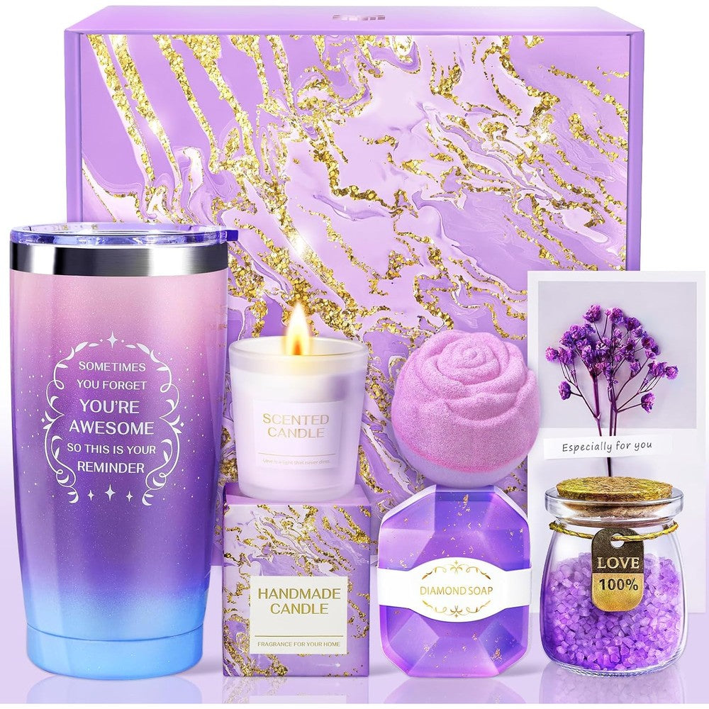 Maddify purple self care spa gift basket front view