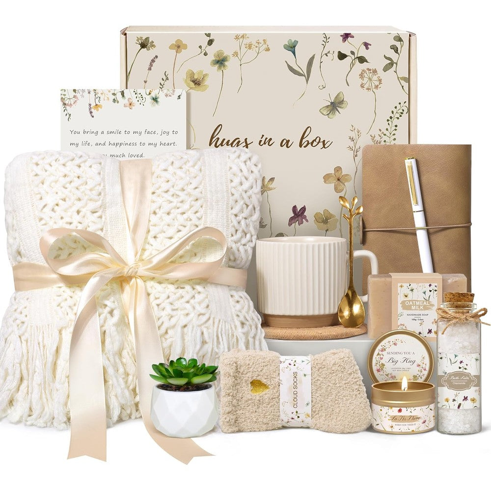Lepiche Birthday Gifts For Women Get Well Soon Self Care Package Box Ivory With Knitted Blanket Ceramic Mug And Spa Essentials - Image 1