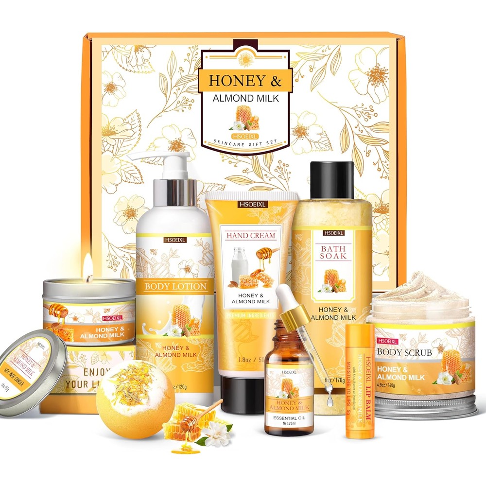 Hsoeixl 9 piece almond milk and honey spa gift set front view