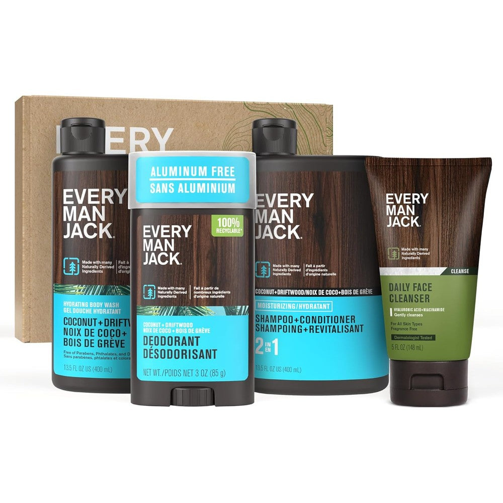 Every Man Jack Men's Bath and Body Gift Set Coconut and Driftwood 4 Piece Kit front view premium men's grooming collection