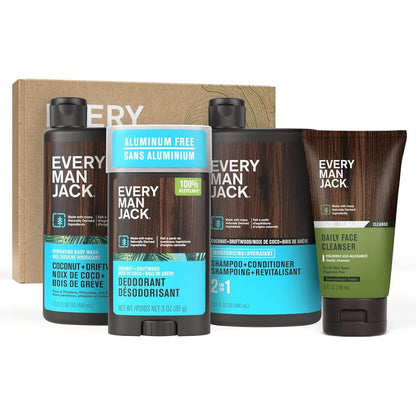 Every Man Jack Men's Bath and Body Gift Set Coconut and Driftwood 4 Piece Kit front view premium men's grooming collection