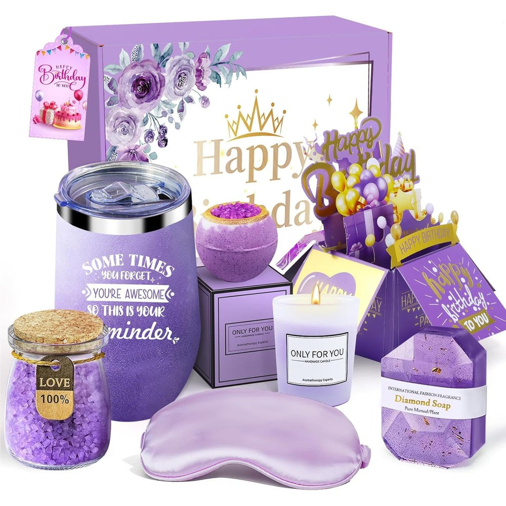 Le Cadeau luxury lavender birthday gift basket front view