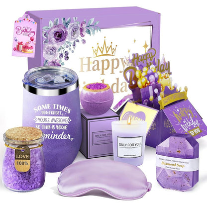 Le Cadeau luxury lavender birthday gift basket front view