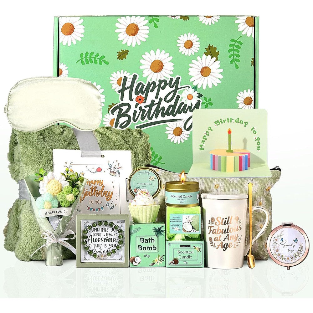 Fesveoke Daisy Spa Gift Box set showing all 10 pieces including blanket and candle