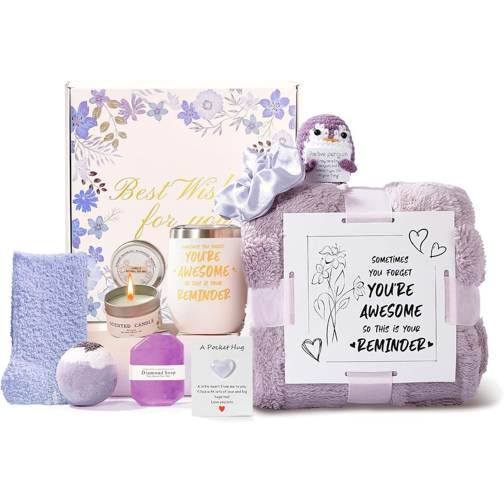 GiftPeak self-care gift basket for women with purple flannel blanket