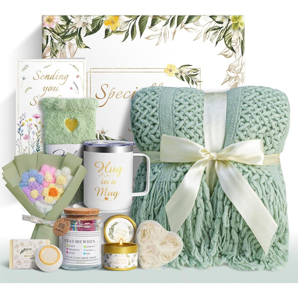 Sparkalyn 11 Pieces Luxury Self Care Gift Basket For Women Sage Green Knit Blanket Insulated Tumbler And Inspirational Scripture Jar Set - Image 1