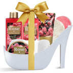 Spa Luxetique 8 Pieces Romantic Rose Bath Gift Set front view with high heel container