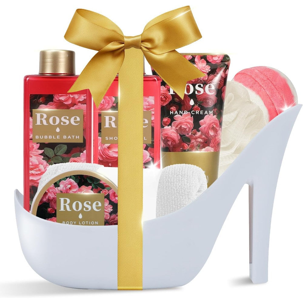 Spa Luxetique 8 piece rose bath set in high heel container front view