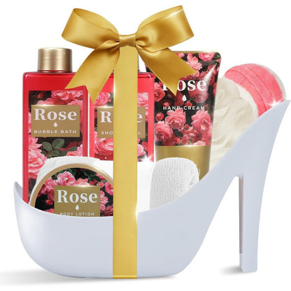 Spa Luxetique 8 piece rose bath set in high heel container front view