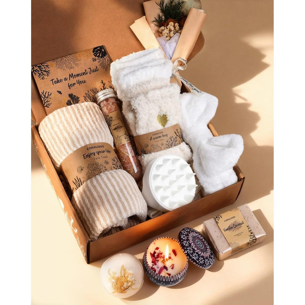 Coralogo 11 piece natural spa gift basket front view