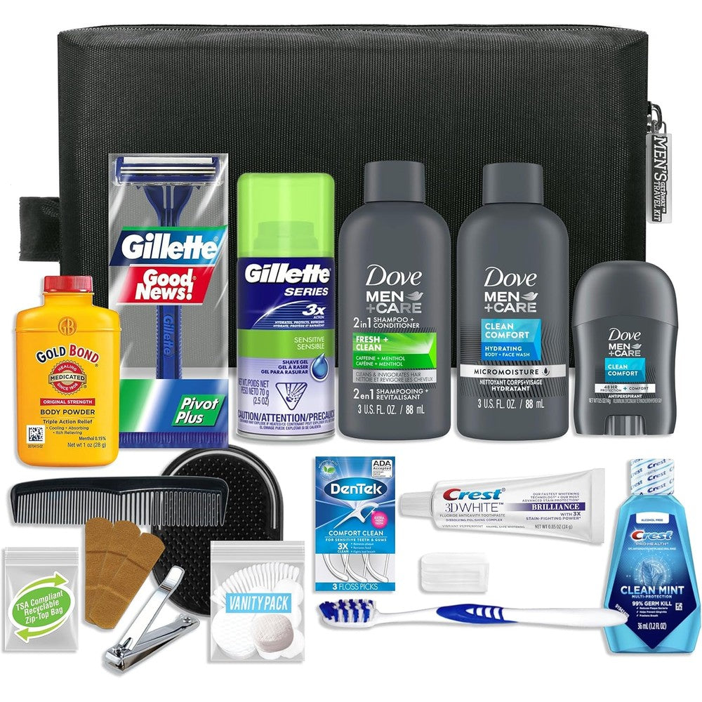 Convenience Kits International Men's Premium Travel Kit front view featuring Dove Men items in black Dopp bag.