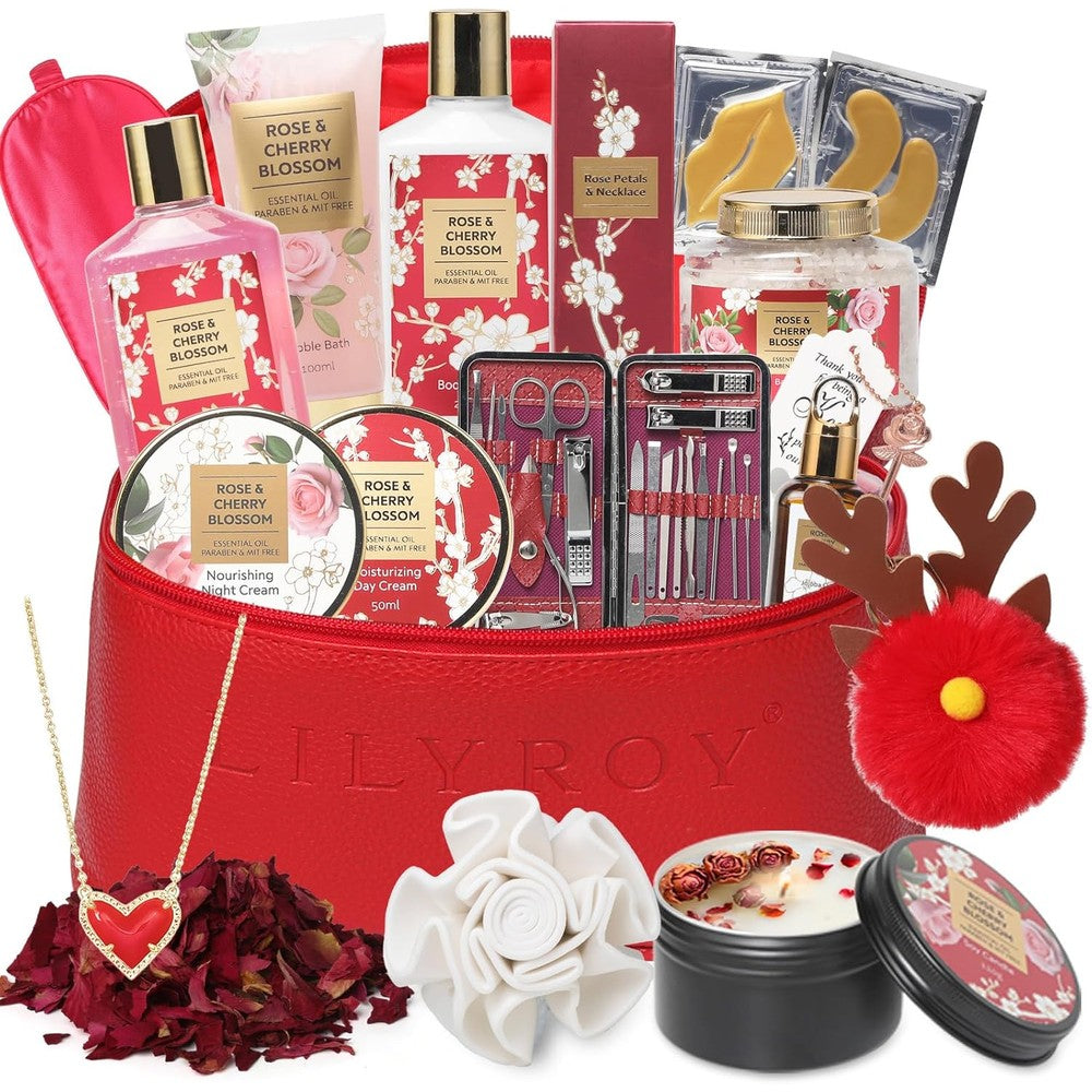 RA ROSA ACCA luxury bath and body gift set front view showing thirty six pieces of skincare and spa products