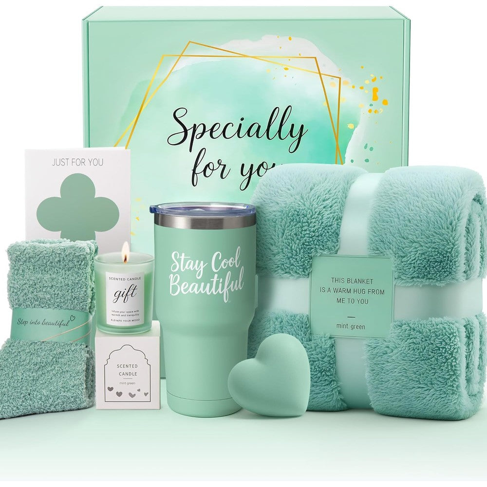IZZUBIZ self care spa gift basket front view showing complete mint green luxury relaxation set