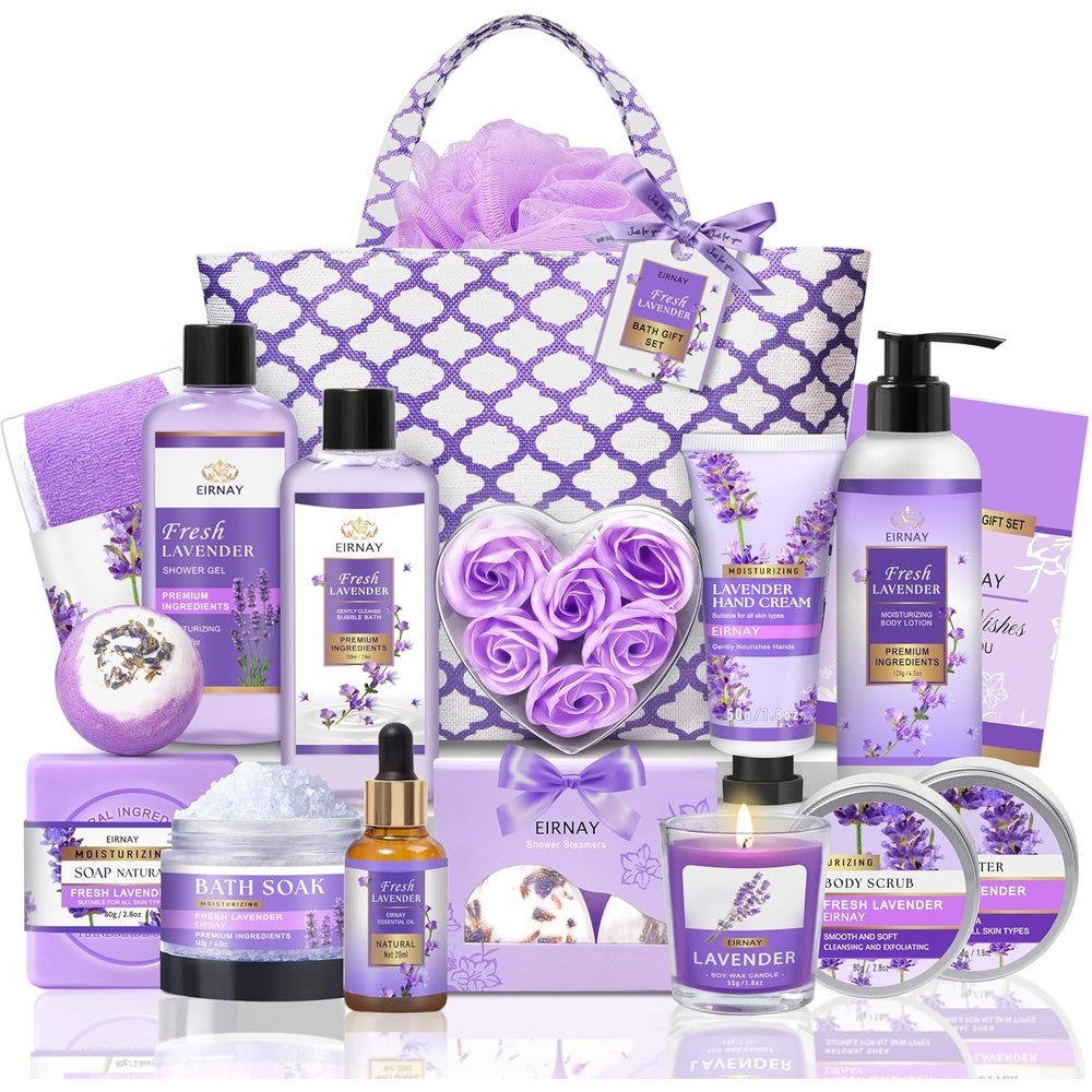 EIRNAY luxury lavender spa gift basket seventeen piece set front view showing reusable tote bag