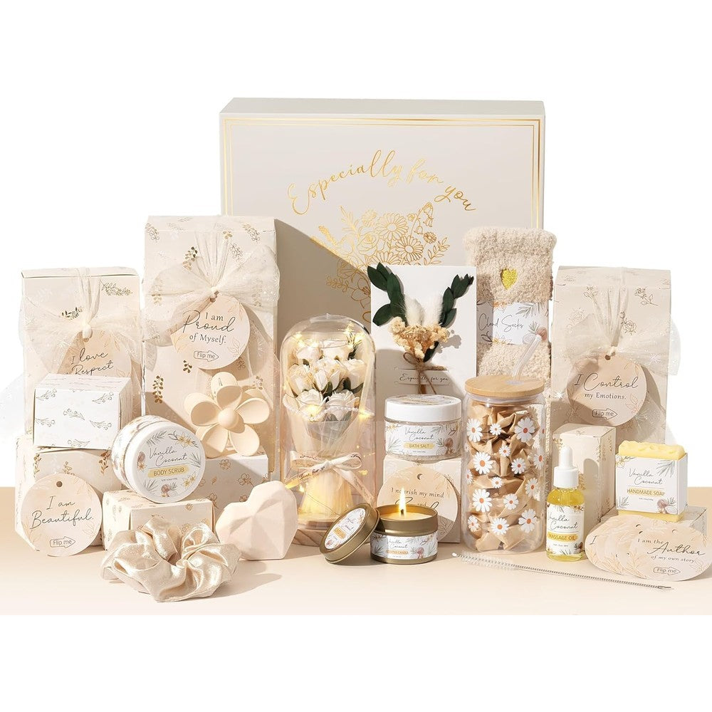 Qinline spa gifts for women ten piece self care basket front view