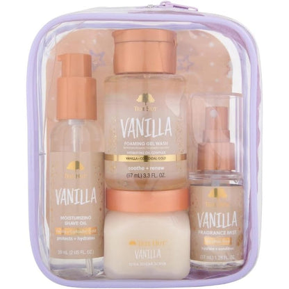 Tree Hut Mini Vanilla Everything Shower Gift Set with four travel sized essentials
