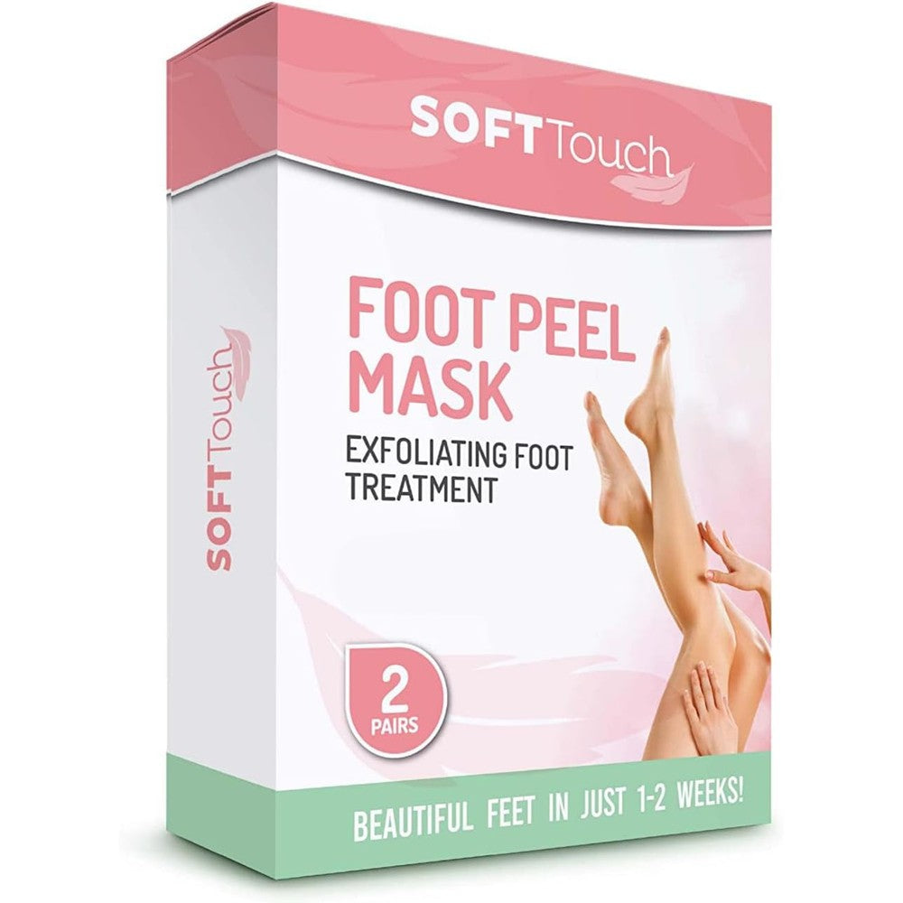 Soft Touch Dermora Foot Peel Mask original packaging front view for exfoliating treatment.